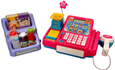 

VShine Supermarket Cash Register Play Set - With Barcode Scanner, Money, Grocery, Credit Card - Battery Operated - Multicolor