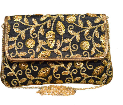 5elementz Women Evening/Party Black, Gold Cotton, Brocade Sling Bag