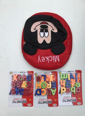 

Aparnas Red Mickey bag and magnetic captial and small alphabets abcd and numbers for kids - 25 cm(Red; Yellow; Multicolor)