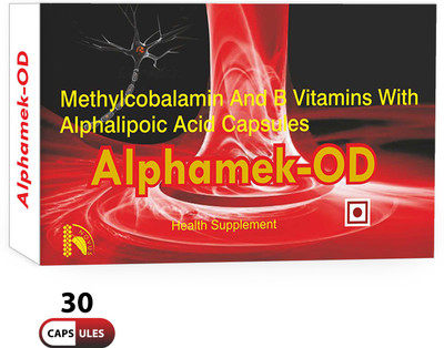 

Alphamek-OD Vitamin B12 (Methylcobalamin 1500mcg) + ALA + Folic Acid Supplement | For Brain and Nervous Support (30 Capsules)(30 No)