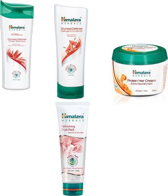 

Himalaya dryness defense protein shampoo, dryness defense protein conditioner,protein hair cream, refreshing fruit pack(Set of 4)