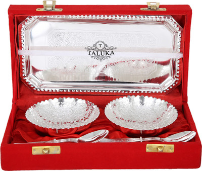 

Taluka High Qualilty Silver Plated 2 Bowl Deep Dish 2 Spoons 1 Tray For Desert Bowl Tray Spoon Set Gift Item Silver Plated Decorative Platter(Silver, Pack of 5)