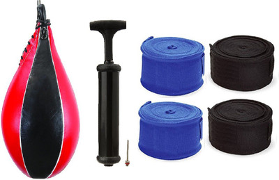 

Facto Power PURE LEATHER RED AND BLACK COLOR SPEED BALL, AIR PUMP AND PAIR OF BLUE AND BLACK COLOR HAND WRAPS Boxing Kit