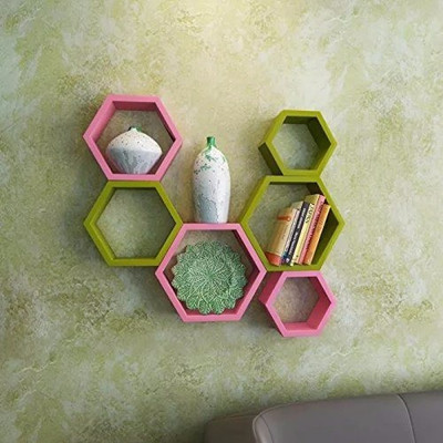 

Onlineshoppee Hexagonal MDF Wall Shelf(Number of Shelves - 6, Green, Pink)