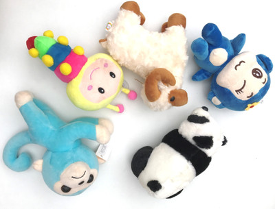 

Aparnas Combo of five pets Monkeys, sheet, Caterpiller smiling, and Panda (color may vary) - 25 cm(White;Black;Red;Blue; Yellow; Multicolor)