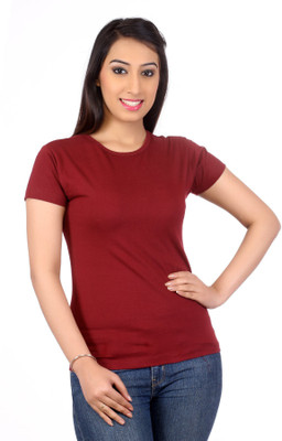TEEMOODS Solid Women Round Neck Maroon T-Shirt