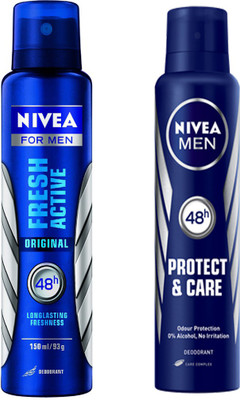 

Nivea MEN FRESH ACTIVE ORIGINAL DEODORANT 150ml + MEN PROTECT & CARE DEODORANT 150ml Body Spray - For Men(150 ml, Pack of 2)