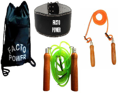

FACTO POWER BACK PACK BAG, LEATHER FITNESS BELT AND WOODEN HANDLE ORANGE AND GREEN COLOR SKIPPING ROPES Gym & Fitness Kit