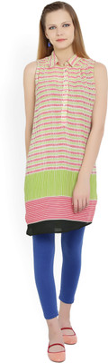 People Women Striped Straight Kurta(Green, Pink)