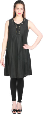 OPUS Women Solid A-line Kurta(Black)