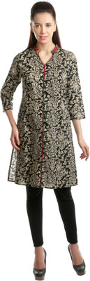 OPUS Women Floral Print Straight Kurta(Black)