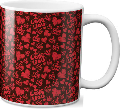 

VOGALLY I Love You And Hearts Red Doodle Ceramic Mug(325 ml), Multicolor