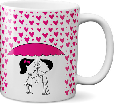 

VOGALLY Cute Couple With Pink Umbrella Ceramic Mug(325 ml), Multicolor
