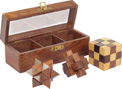 

Desi Toys 3 in 1 puzzle set , Teen Paheli with Burr, Star and snake cube puzzle(3 Pieces)