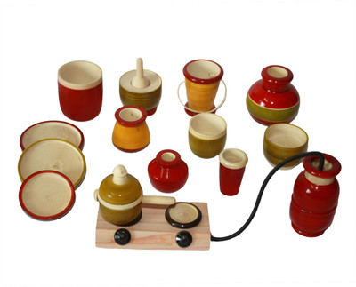 

Desi Toys 14 pieces Cooking set, Kitchen set, Pretend toy play set, Khel pani made in wood