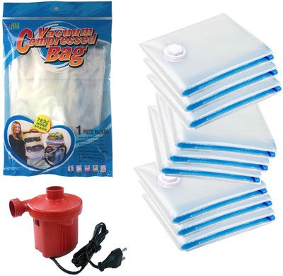 

Meded Set of 10 [ 9 Pcs of 3M,3L,3XL with 1 Air Pump ] High Volume Storage Vaccum Bags(Pack of 10)