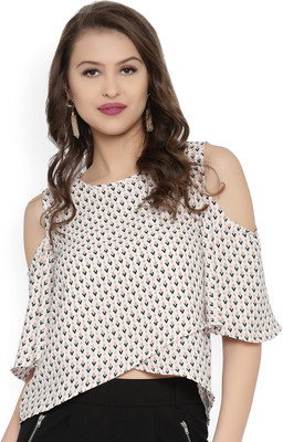 rare Casual Cold Shoulder Printed Women White Top