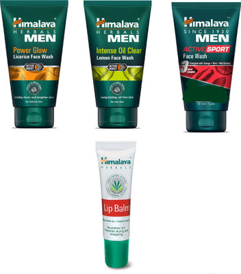 

Himalaya Men Pimple Clear Neem Face Wash, Men Intense Oil Clear Lemon Face Wash, Men Active Sport Face Wash, Lip Balm(Set of 4)