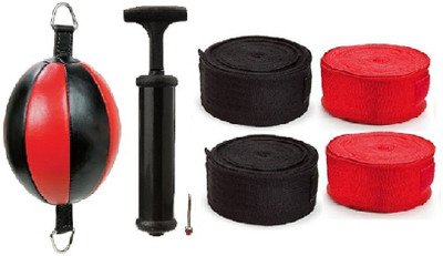 

Venom PURE LEATHER RED AND BLACK COLOR DOUBLE END 0 SHAPE BALL, AIR PUMP AND PAIR OF BLACK AND RED COLOR HAND WRAPS Boxing Kit