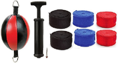 

FACTO POWER PURE LEATHER RED AND BLACK COLOR DOUBLE END 0 SHAPE BALL, AIR PUMP AND PAIR OF BLACK, BLUE AND RED COLOR HAND WRAPS Boxing Kit