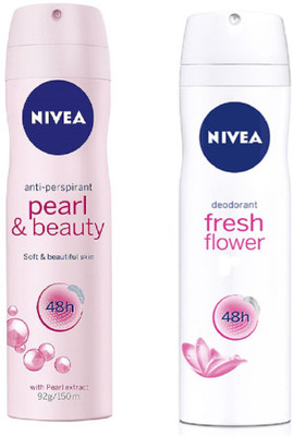 

Nivea FRESH FLOWER DEODORANT 150ML + NIVEA PEARL & BEAUTY DEODORANT 150ML Deodorant Spray - For Women(150 ml, Pack of 2)