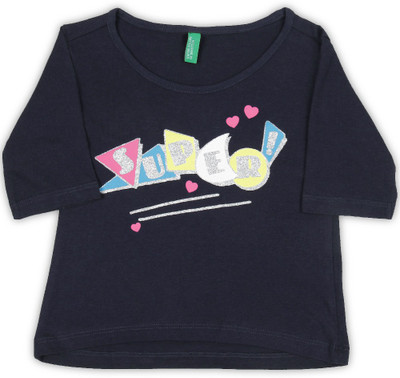 

United Colors of Benetton Girls Printed Cotton T Shirt(Dark Blue, Pack of 1, K25
