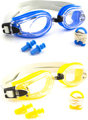 

Hrinkar Adjustable Eye Protection With Ear Plugs & Nose Clip (2 pcs Combo) - HSWCMB0011 Swimming Goggles(Blue, Yellow)