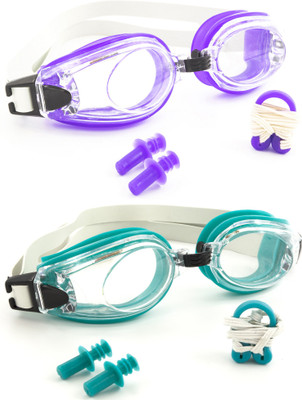 

Hrinkar Adjustable Eye Protection With Ear Plugs & Nose Clip (2 pcs Combo) - HSWCMB0011 Swimming Goggles(Purple, Green), Green;purple