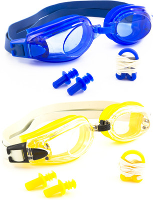 

Hrinkar Adjustable Eye Protection With Ear Plugs & Nose Clip (2 pcs Combo) - HSWCMB0011 Swimming Goggles(Blue, Yellow)