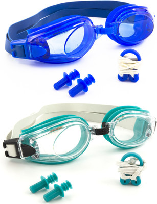 

Hrinkar Adjustable Eye Protection With Ear Plugs & Nose Clip (2 pcs Combo) - HSWCMB0011 Swimming Goggles(Blue, Green)