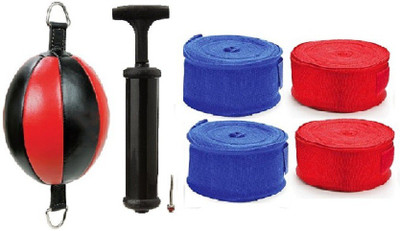 

Venom PURE LEATHER RED AND BLACK COLOR DOUBLE END 0 SHAPE BALL, AIR PUMP AND PAIR OF BLUE AND RED COLOR HAND WRAPS Boxing Kit