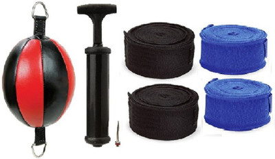 

Venom PURE LEATHER RED AND BLACK COLOR DOUBLE END 0 SHAPE BALL, AIR PUMP AND PAIR OF BLACK AND BLUE COLOR HAND WRAPS Boxing Kit