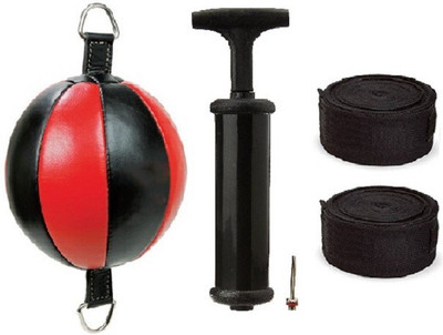 

Venom PURE LEATHER RED AND BLACK COLOR DOUBLE END 0 SHAPE BALL, AIR PUMP AND PAIR OF BLACK COLOR HAND WRAPS Boxing Kit