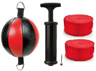 

FACTO POWER PURE LEATHER RED AND BLACK COLOR DOUBLE END 0 SHAPE BALL, AIR PUMP AND PAIR OF RED COLOR HAND WRAPS Boxing Kit