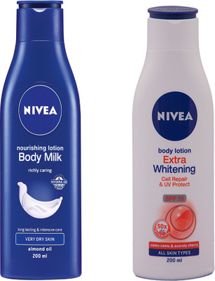 Nivea EXTRA WHITENING CELL REPAIR & UV PROTECT SPF 15 BODY LOTION 200ML + BODY MILK NOURISHING BODY LOTION 200ML(200 ml)