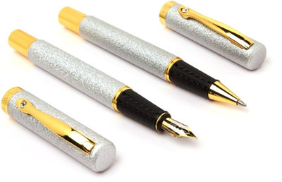 Ledos (PACK OF 2) ROYAL JEWEL DESIGNER MARBLED SILVER WITH GOLDEN TRIMS NEW Pen Gift Set(Pack of 2, Ink Color - CONVERTER MECHANISM)