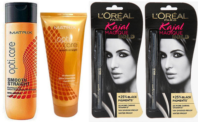 

Matrix Opticare Smooth And Straight Shampoo With Conditioner & Loreal Paris Magique Bold Kajal Pack Of 2(Set of 4)