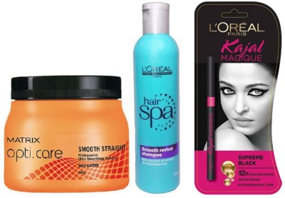 

Matrix Opticare Smooth & Straight Hair Spa With Loreal Professionnel Shampoo & Supreme Black Magique Kajal(Set of 3)