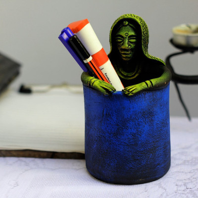 

Unravel India Tribal Woman Holder 1 Compartments Teracotta Pen Stand(Blue, Green)