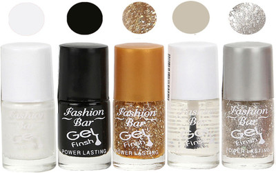 

Fashion Bar Gel Finish Exclusive Nail Polish Combo Set White, Black, Gold, Clear, Grey(Pack of 5)