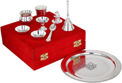 

Taluka Silver Plated Pooja Aarti Thali, Poojan Purpose, Gift Set, 8 Pieces Wedding Gift, Return Gifts, Pooja Thali Set Decorative Silver Plated(8 Pieces, Silver)