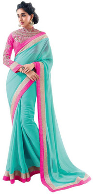 Saumya Designer Embroidered, Solid Bollywood Faux Georgette Saree(Light Blue) Flipkart