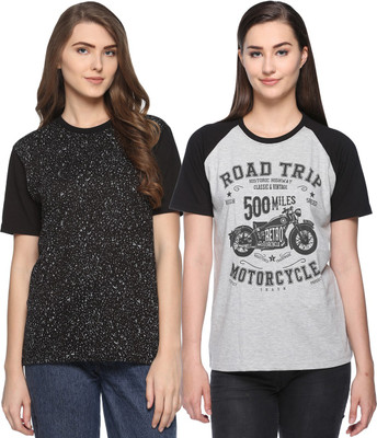 WEBCLOTHING Printed Women Round Neck Grey, Black T-Shirt(Pack of 2) Flipkart