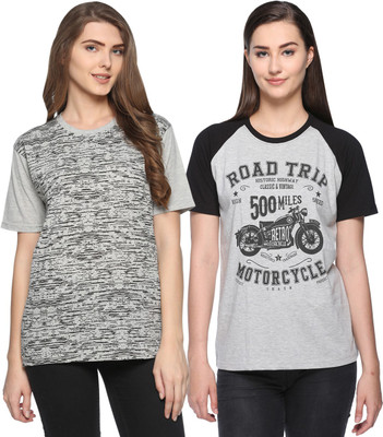 WEBCLOTHING Printed Women Round Neck Grey, Grey T-Shirt(Pack of 2) Flipkart