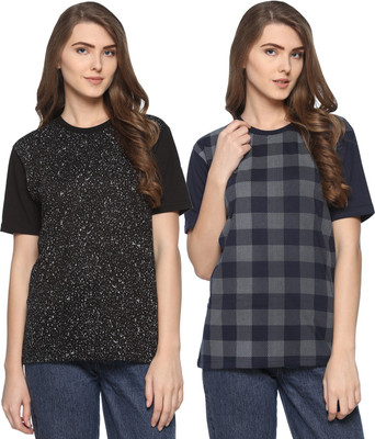 WEBCLOTHING Printed Women Round Neck Dark Blue, Black T-Shirt(Pack of 2) Flipkart