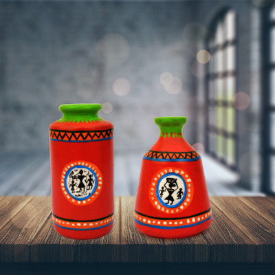 

iHandikart Handpainted Terracotta Warli Pots 4 Inch (Set of 2) 7011-15 Vase Filler(Table Pots)
