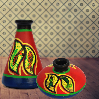 

iHandikart Handpainted Terracotta Warli Pots 4 Inch (Set of 2) 7005-13 Vase Filler(Table Pots)