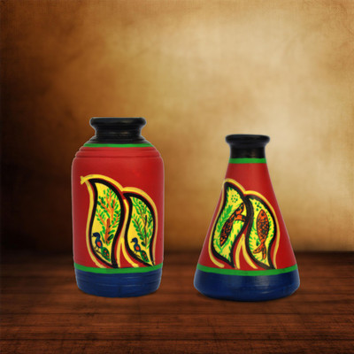 

iHandikart Handpainted Terracotta Warli Pots 4 Inch (Set of 2) 7005-11 Vase Filler(Table Pots)