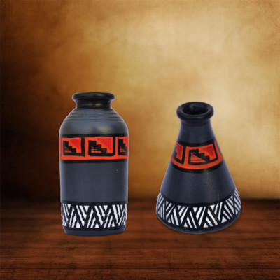 

iHandikart Handpainted Terracotta Warli Pots 4 Inch (Set of 2) 7002-11 Vase Filler(Table Pots)