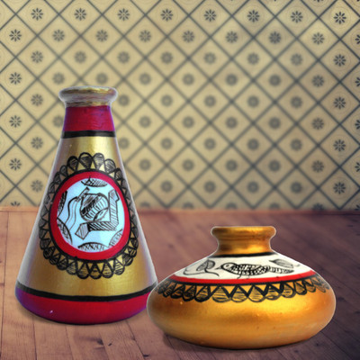 

iHandikart Handpainted Terracotta Warli Pots 4 Inch (Set of 2) 7015-13 Vase Filler(Table Pots)